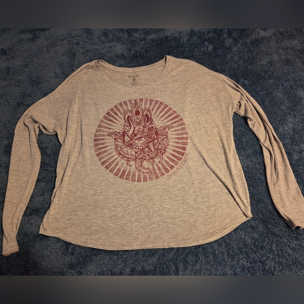 Ink Addict Women's Gray Graphic Long Sleeve Top Tee Hamsa Eye 2XL